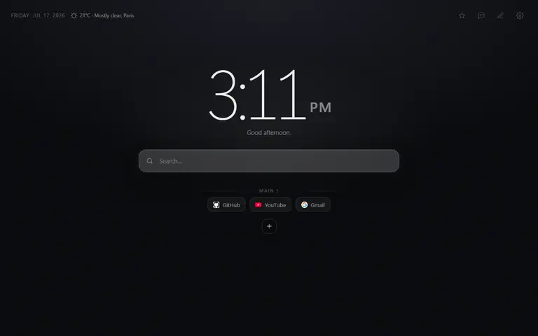 Mist new tab with search, shortcuts and clock on a quiet dark layout