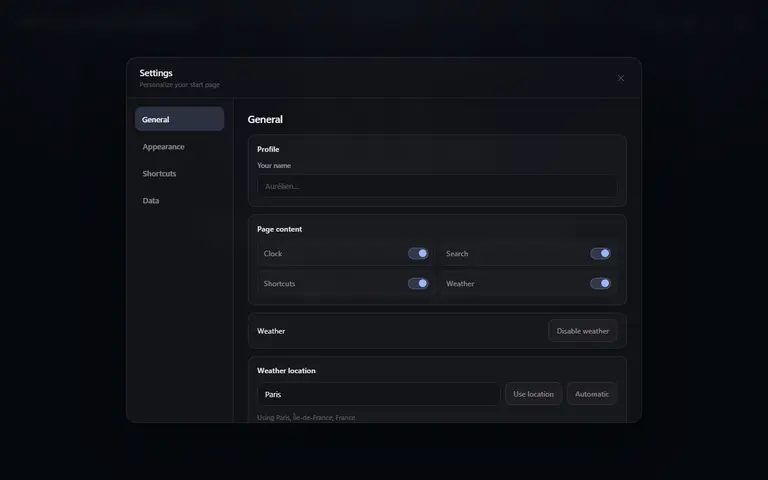 Mist settings panel grouped into General, Shortcuts, Weather and Themes sections